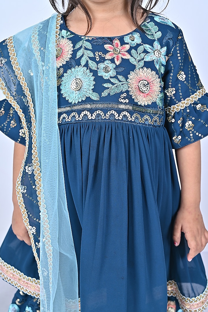 Petrol Blue Georgette Embroidered Anarkali Set For Girls by Fashion Totz at Pernia's Pop Up Shop