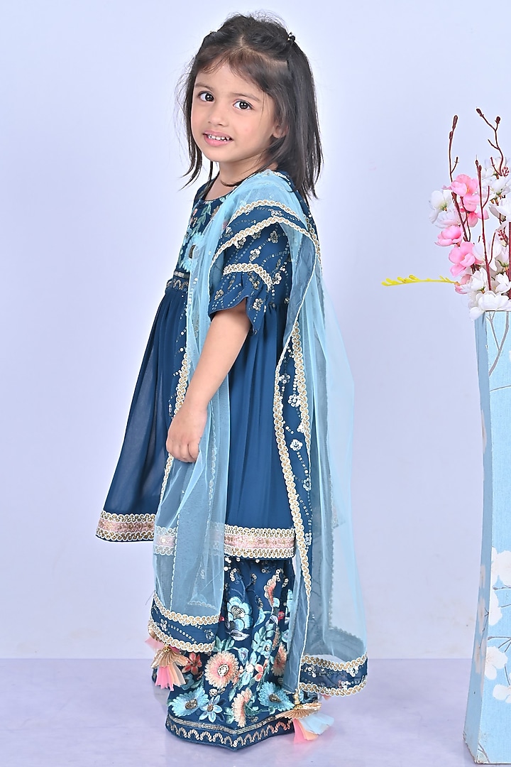 Petrol Blue Georgette Embroidered Anarkali Set For Girls by Fashion Totz at Pernia's Pop Up Shop