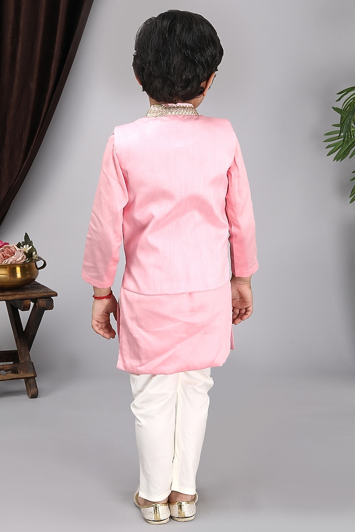 Pink Glace Cotton Printed Bundi Jacket With Kurta Set For Boys by Fashion Totz at Pernia's Pop Up Shop