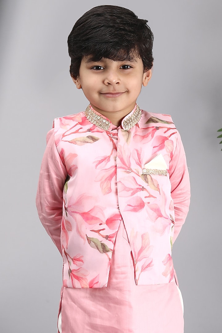 Pink Glace Cotton Printed Bundi Jacket With Kurta Set For Boys by Fashion Totz at Pernia's Pop Up Shop