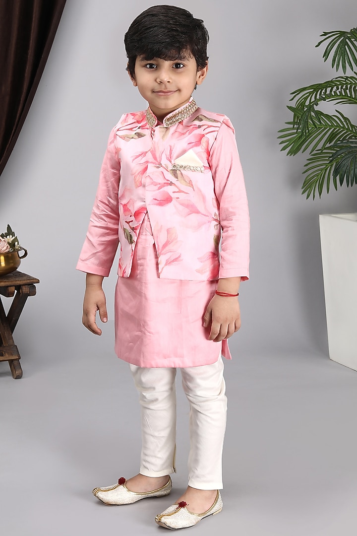 Pink Glace Cotton Printed Bundi Jacket With Kurta Set For Boys by Fashion Totz at Pernia's Pop Up Shop