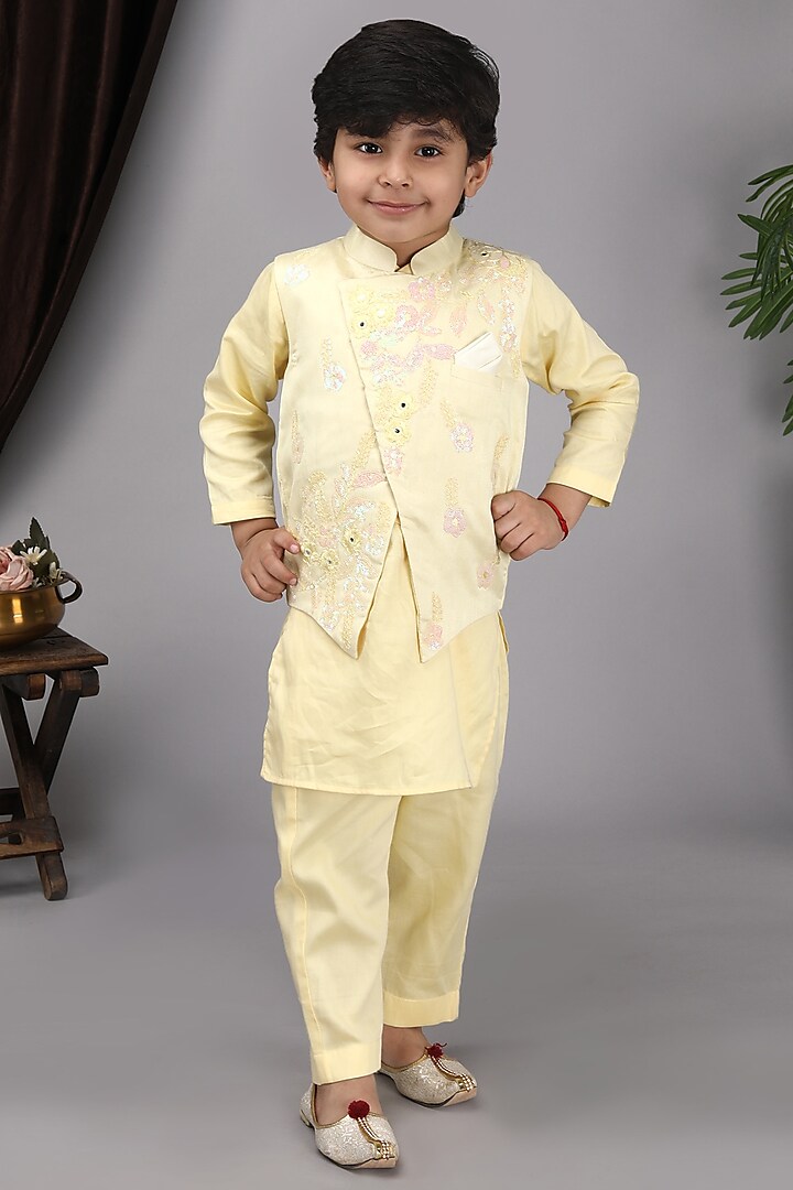 Yellow Glace Cotton Embroidered Bundi Jacket With Kurta Set For Boys by Fashion Totz