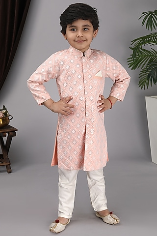 Peach Dupion Silk Embroidered Kurta Set For Boys by Fashion Totz
