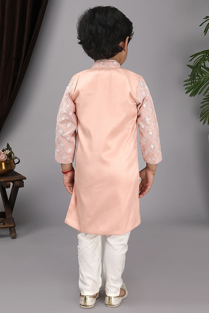 Peach Dupion Silk Embroidered Kurta Set For Boys by Fashion Totz at Pernia's Pop Up Shop