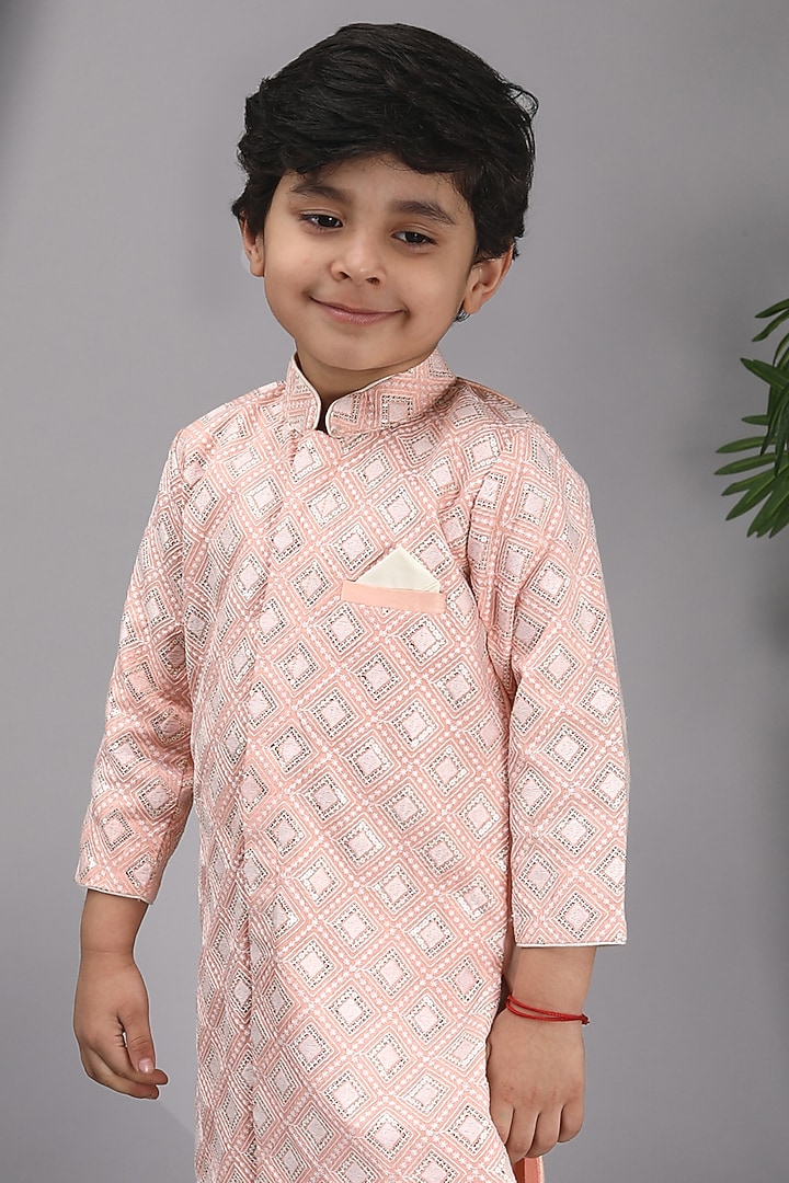 Peach Dupion Silk Embroidered Kurta Set For Boys by Fashion Totz at Pernia's Pop Up Shop