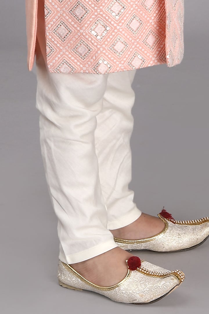 Peach Dupion Silk Embroidered Kurta Set For Boys by Fashion Totz at Pernia's Pop Up Shop