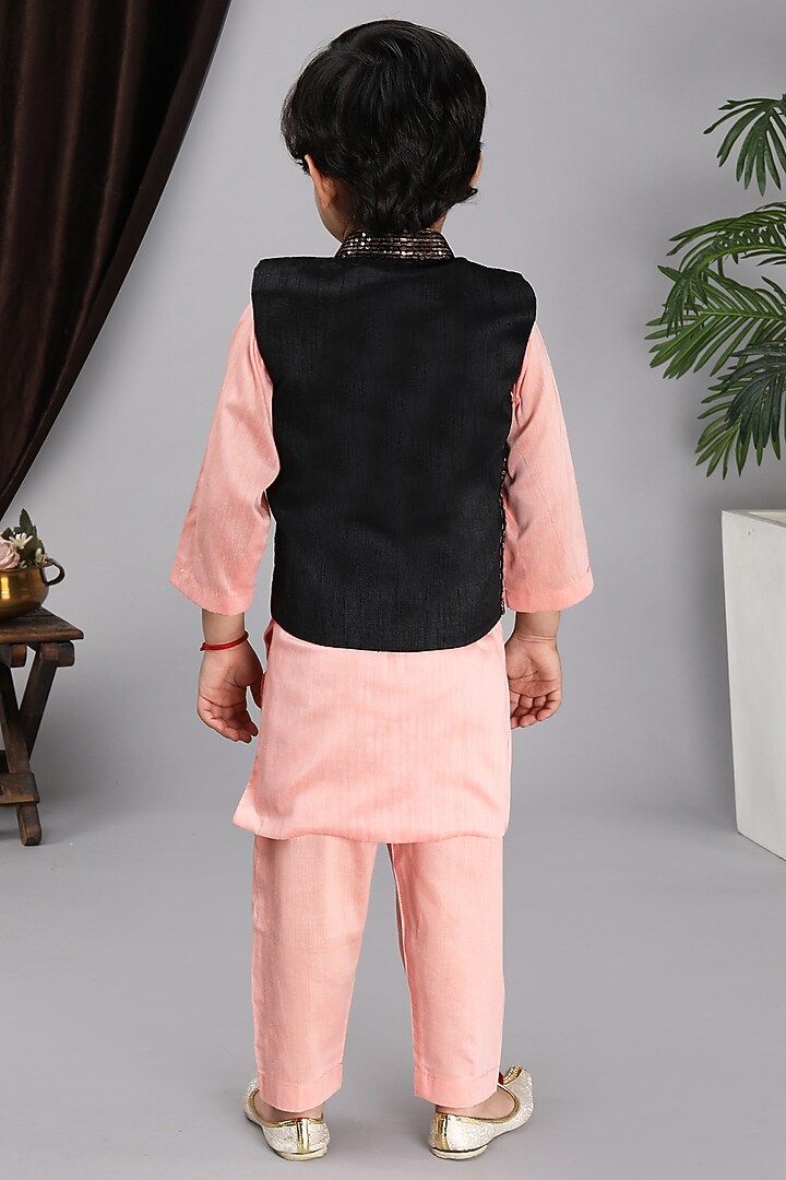 Black Cotton Silk Embroidered Bundi Jacket Set For Boys by Fashion Totz at Pernia's Pop Up Shop