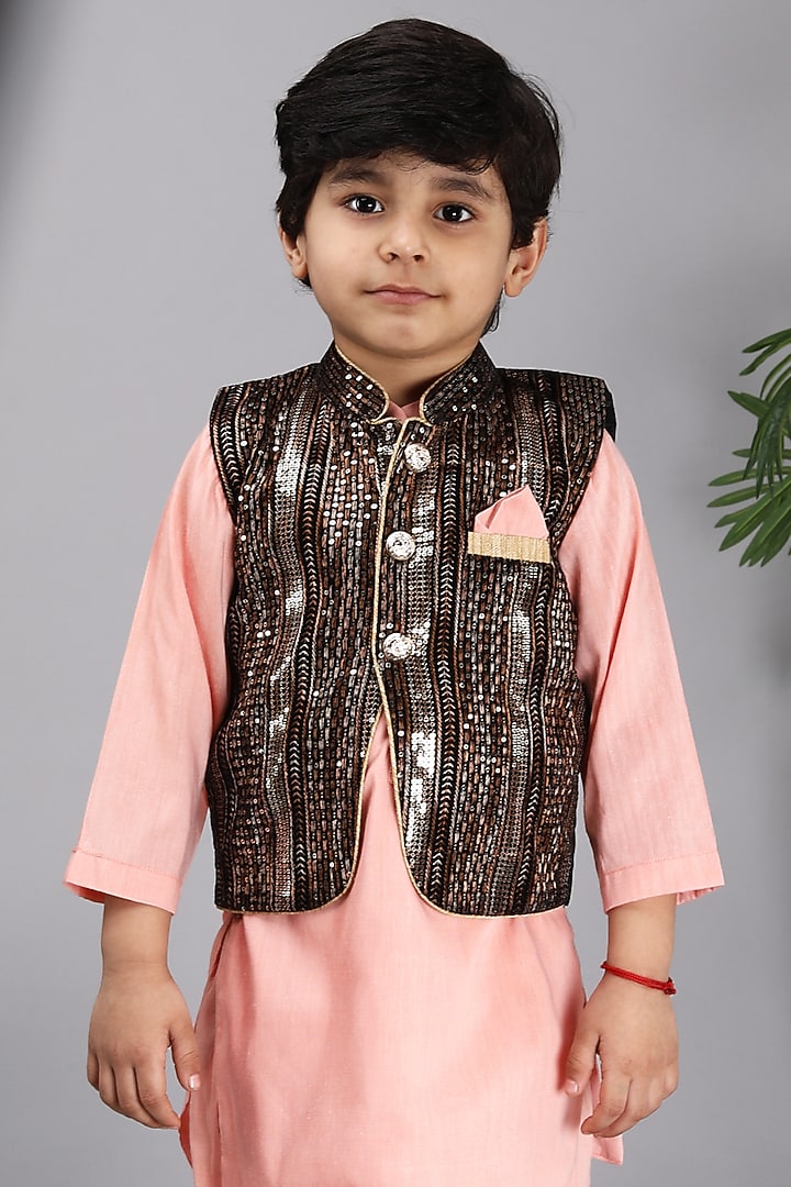Black Cotton Silk Embroidered Bundi Jacket Set For Boys by Fashion Totz at Pernia's Pop Up Shop