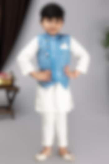 Blue Glace Cotton Embroidered Bundi Jacket WIth Kurta Set For Boys by Fashion Totz