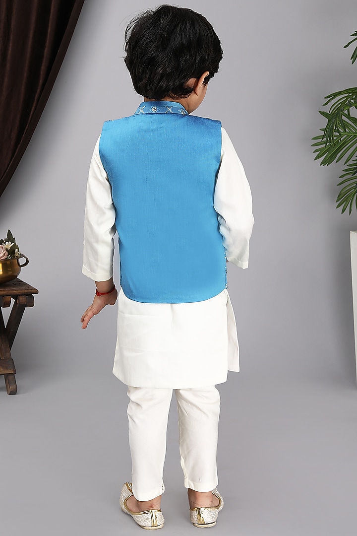 Blue Glace Cotton Embroidered Bundi Jacket Set For Boys by Fashion Totz at Pernia's Pop Up Shop