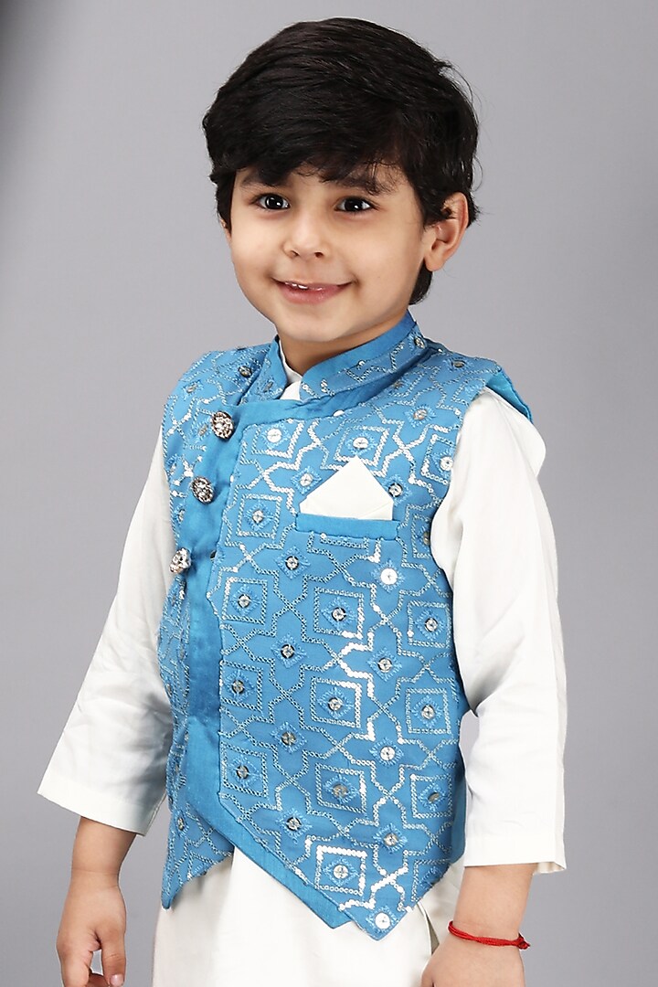 Blue Glace Cotton Embroidered Bundi Jacket Set For Boys by Fashion Totz at Pernia's Pop Up Shop