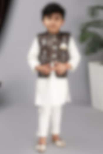Black Glace Cotton Embroidered Bundi Jacket WIth Kurta Set For Boys by Fashion Totz