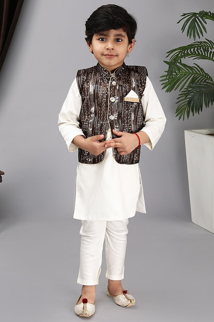 Black Glace Cotton Embroidered Bundi Jacket WIth Kurta Set For Boys by Fashion Totz