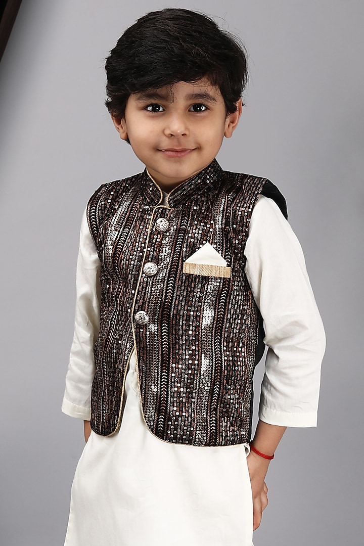Black Glace Cotton Embroidered Bundi Jacket Set For Boys by Fashion Totz at Pernia's Pop Up Shop