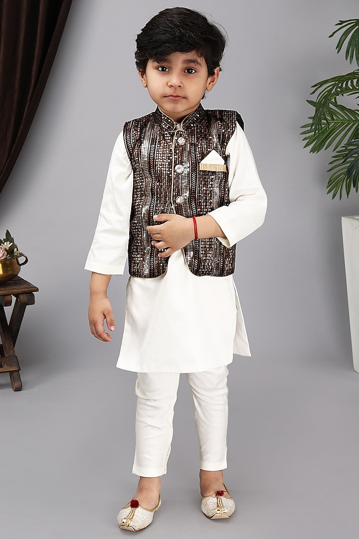 Black Glace Cotton Embroidered Bundi Jacket Set For Boys by Fashion Totz at Pernia's Pop Up Shop