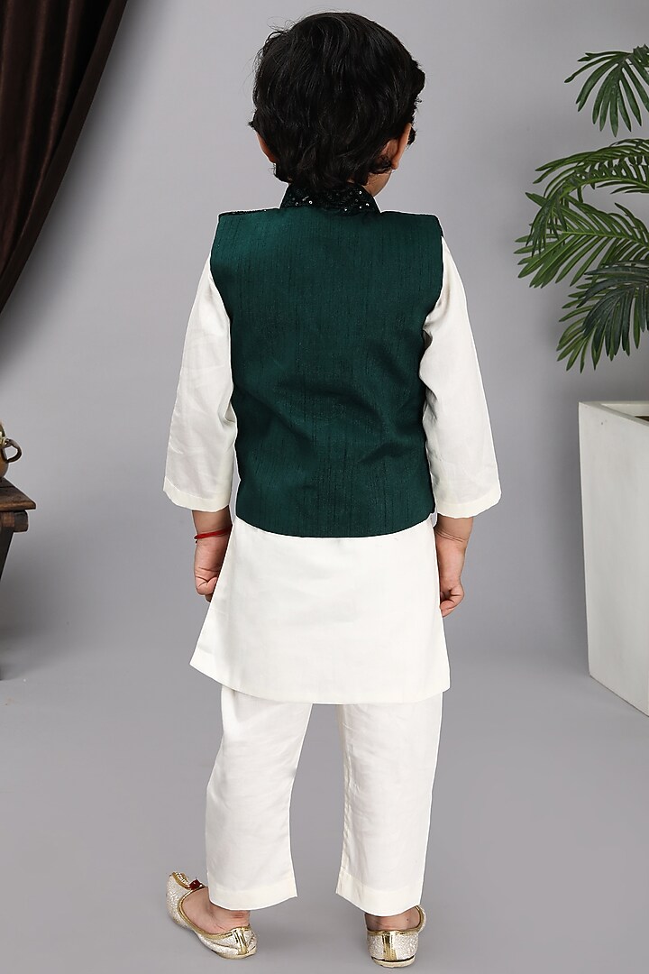 Green Glace Cotton Embroidered Bundi Jacket Set For Boys by Fashion Totz at Pernia's Pop Up Shop