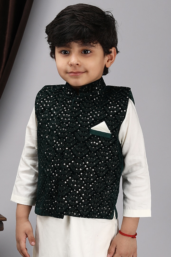 Green Glace Cotton Embroidered Bundi Jacket Set For Boys by Fashion Totz at Pernia's Pop Up Shop