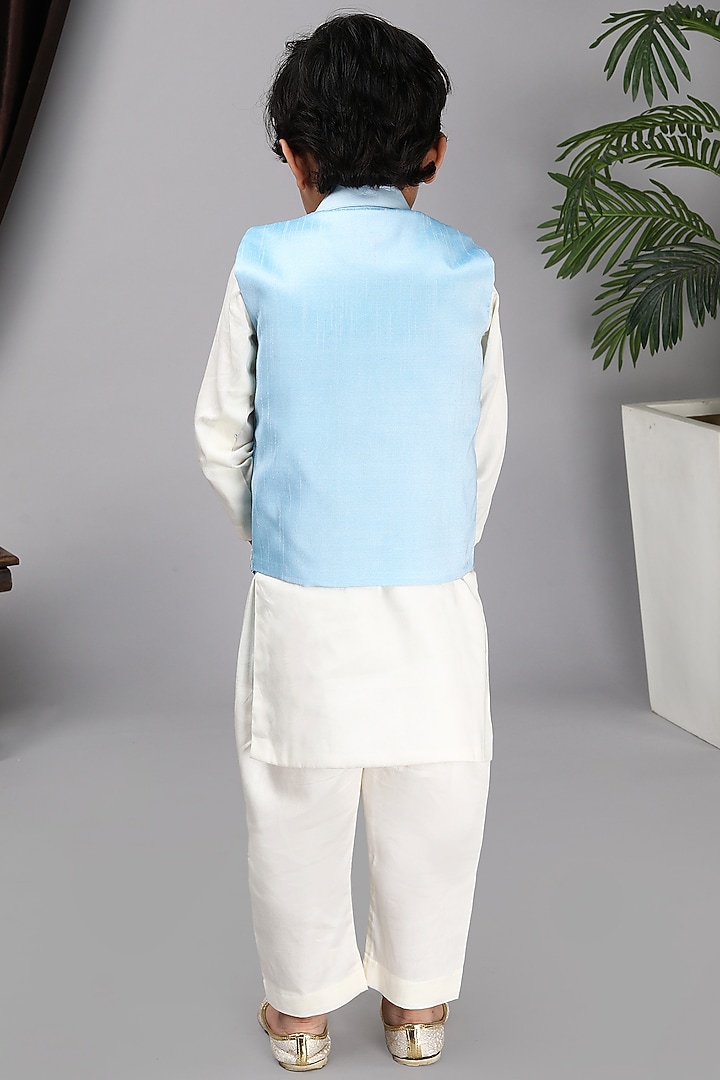 Aqua Blue Glace Cotton Embroidered Bundi Jacket Set For Boys by Fashion Totz at Pernia's Pop Up Shop