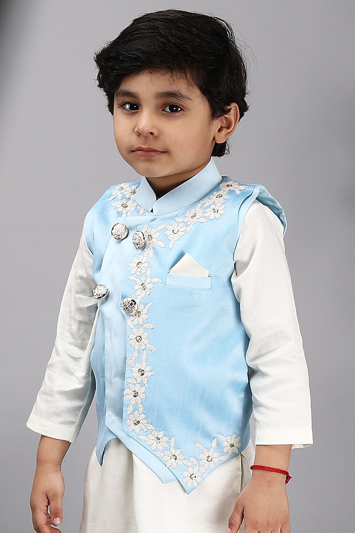 Aqua Blue Glace Cotton Embroidered Bundi Jacket Set For Boys by Fashion Totz at Pernia's Pop Up Shop