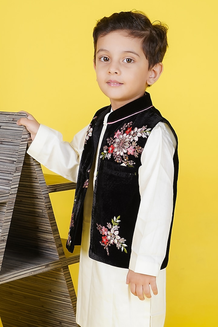 Black Velvet Embroidered Jacket Set For Boys by Fashion Totz at Pernia's Pop Up Shop