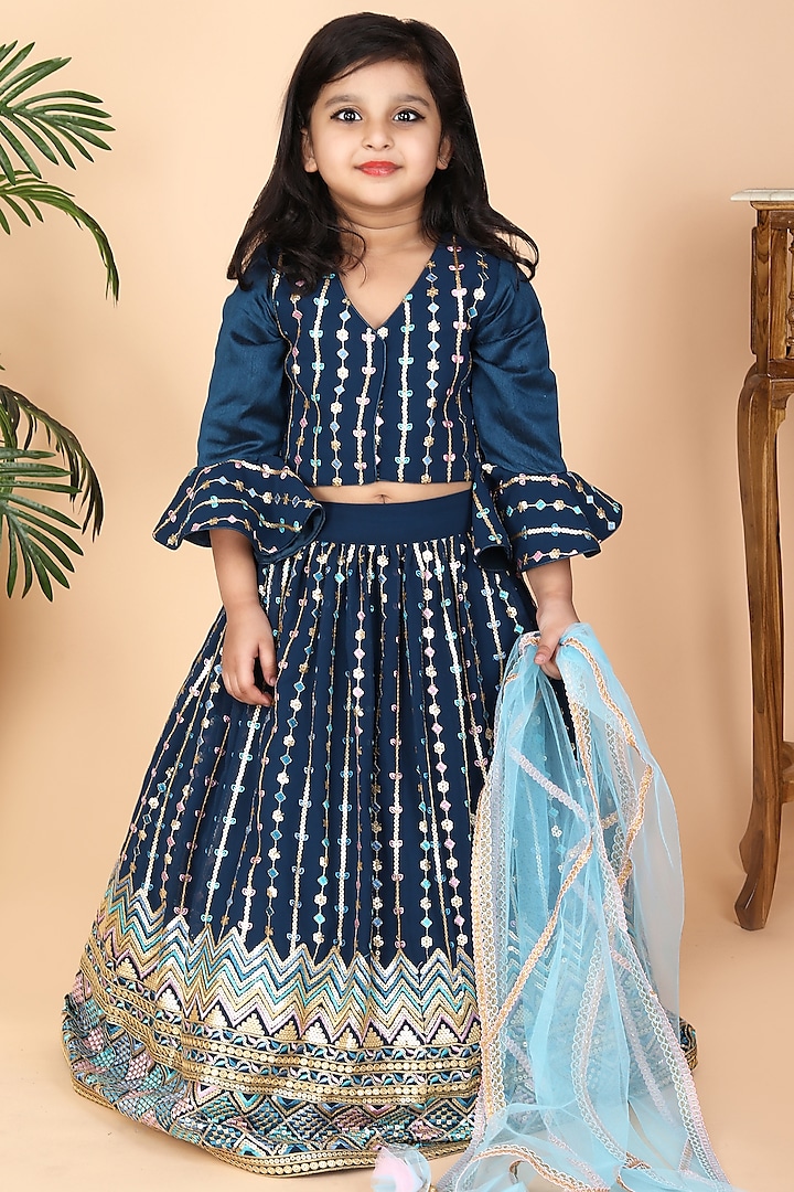 Petrol Blue Georgette Embroidered Lehenga Set For Girls by Fashion Totz
