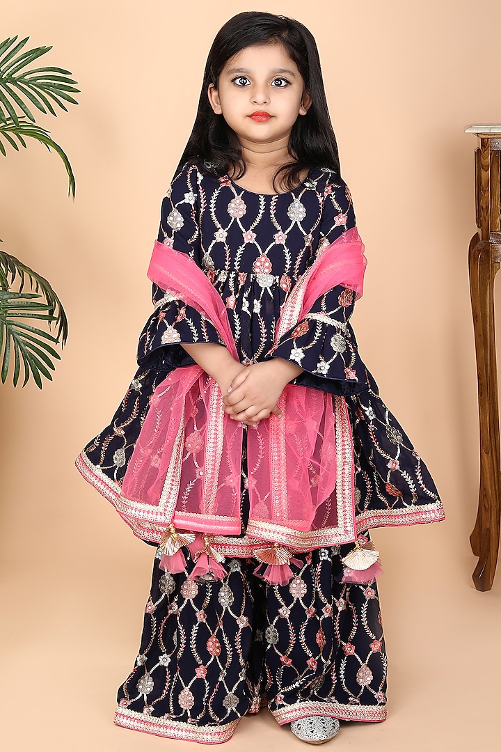 Navy Blue Georgette Embroidered Sharara Set For Girls by Fashion Totz