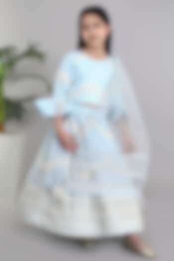 Aqua Blue Net Embroidered Lehenga Set For Girls by Fashion Totz