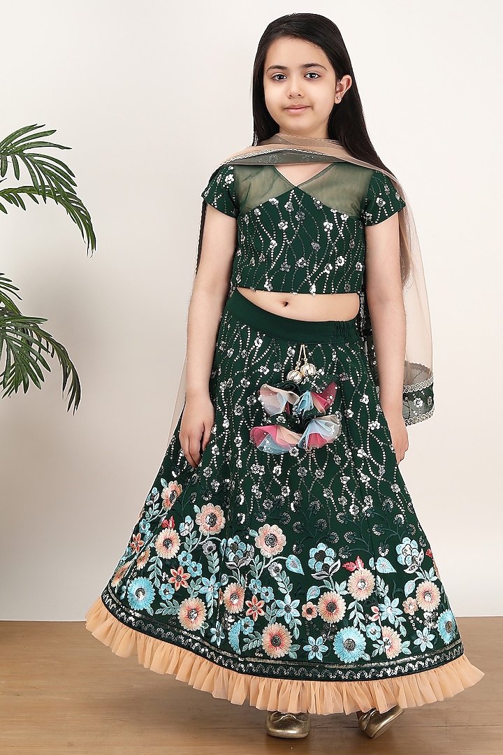Green Georgette Embroidered Lehenga Set For Girls by Fashion Totz
