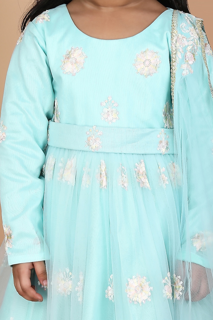 Aqua Blue Net & Dupion Embroidered Anarkali Set For Girls by Fashion Totz at Pernia's Pop Up Shop