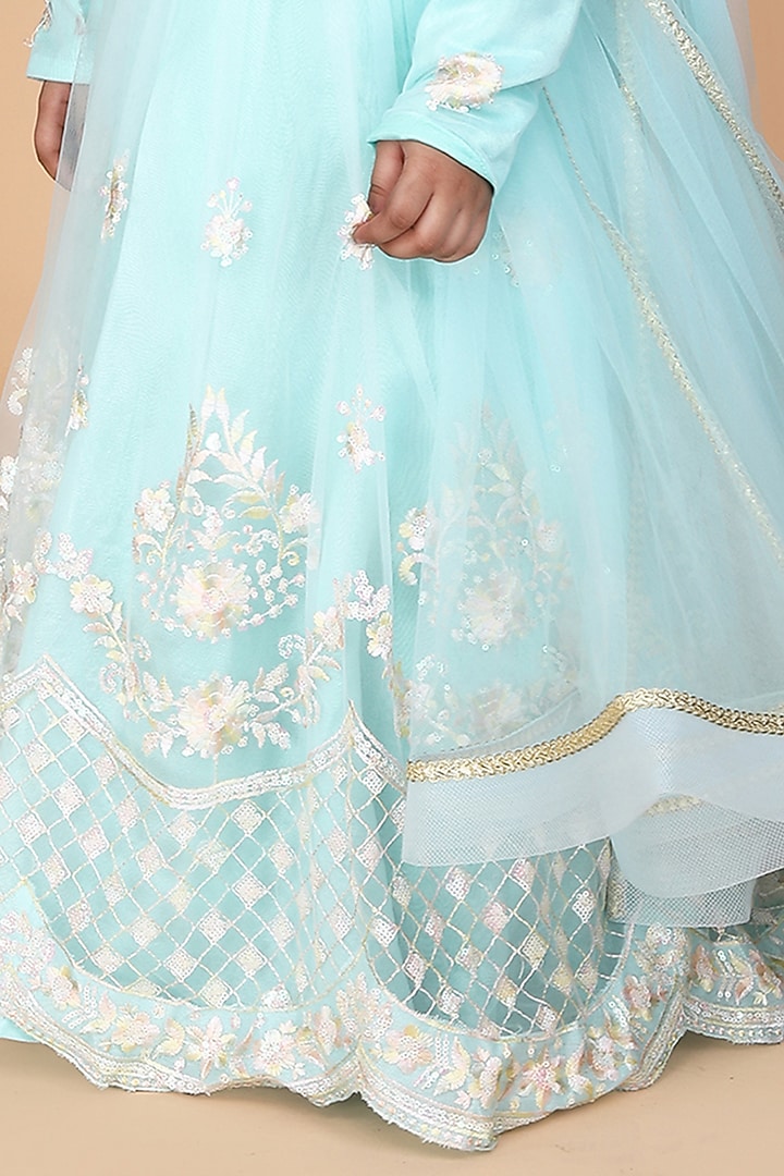 Aqua Blue Net & Dupion Embroidered Anarkali Set For Girls by Fashion Totz at Pernia's Pop Up Shop