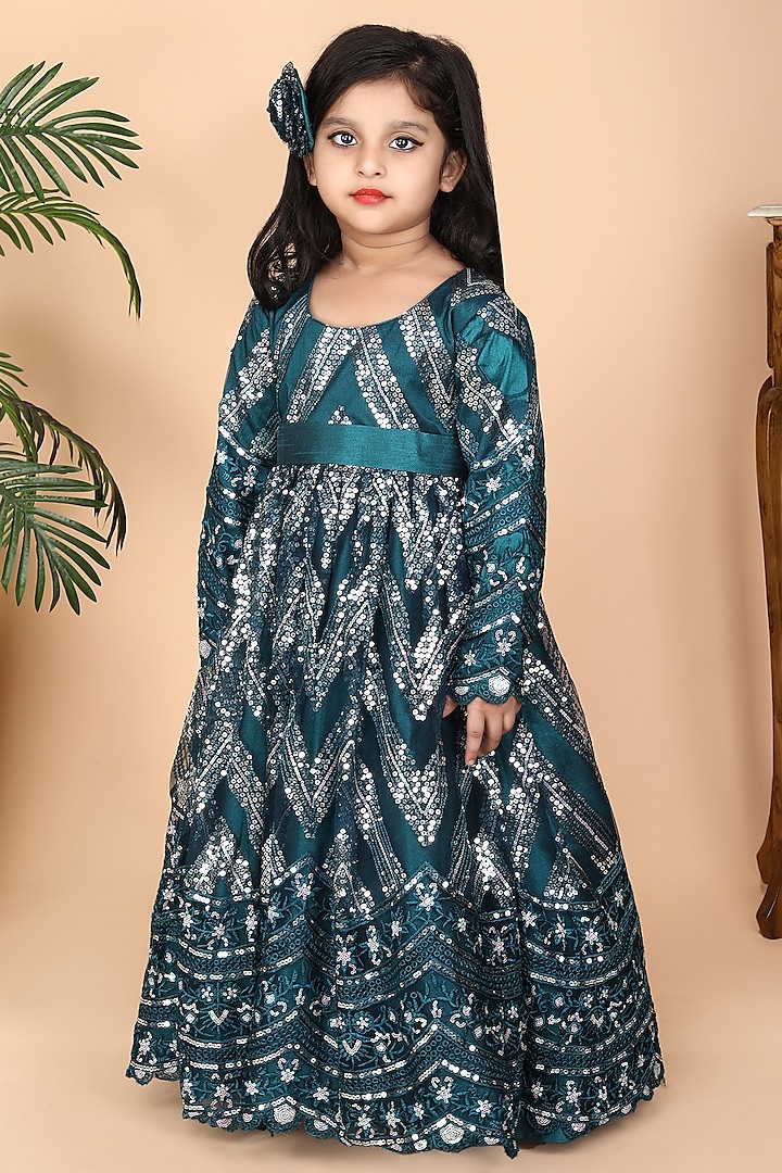 Green Net & Dupion Embroidered Anarkali For Girls by Fashion Totz
