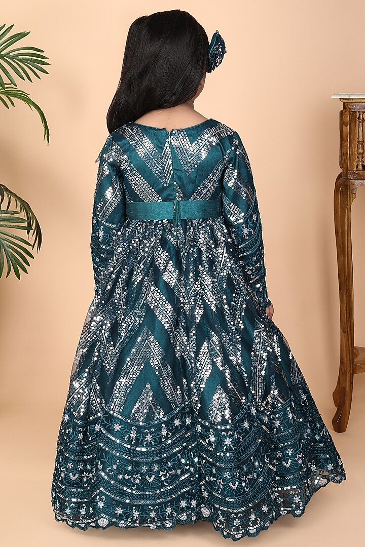 Green Net & Dupion Embroidered Anarkali For Girls by Fashion Totz at Pernia's Pop Up Shop