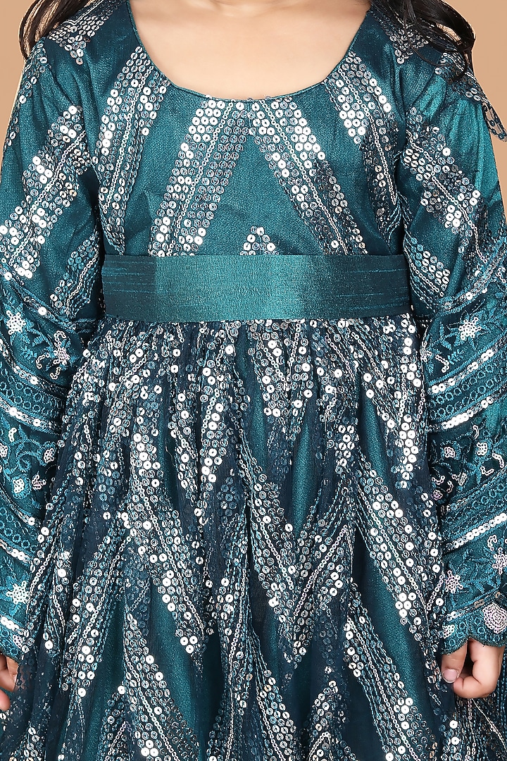 Green Net & Dupion Embroidered Anarkali For Girls by Fashion Totz at Pernia's Pop Up Shop