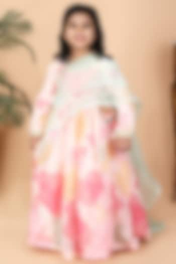 Peach Organza & Dupion Printed Anarkali Set For Girls by Fashion Totz at Pernia's Pop Up Shop