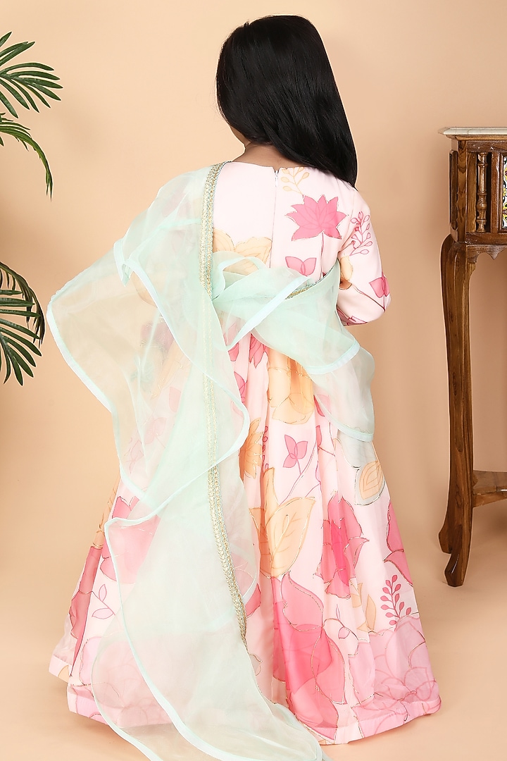 Peach Organza & Dupion Printed Anarkali Set For Girls by Fashion Totz at Pernia's Pop Up Shop