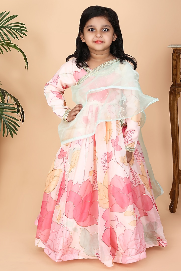 Peach Organza & Dupion Printed Anarkali Set For Girls by Fashion Totz at Pernia's Pop Up Shop