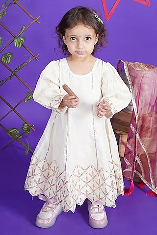 White Cotton Embroidered Anarkali Set For Girls by Fashion Totz