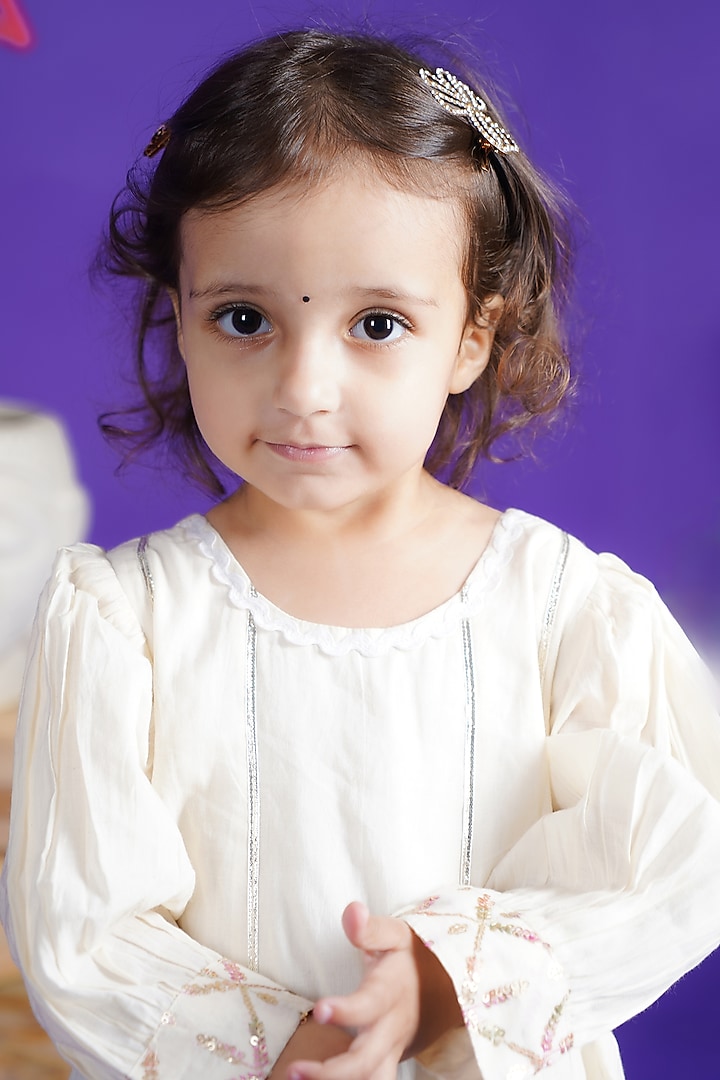 White Cotton Embroidered Anarkali Set For Girls by Fashion Totz at Pernia's Pop Up Shop