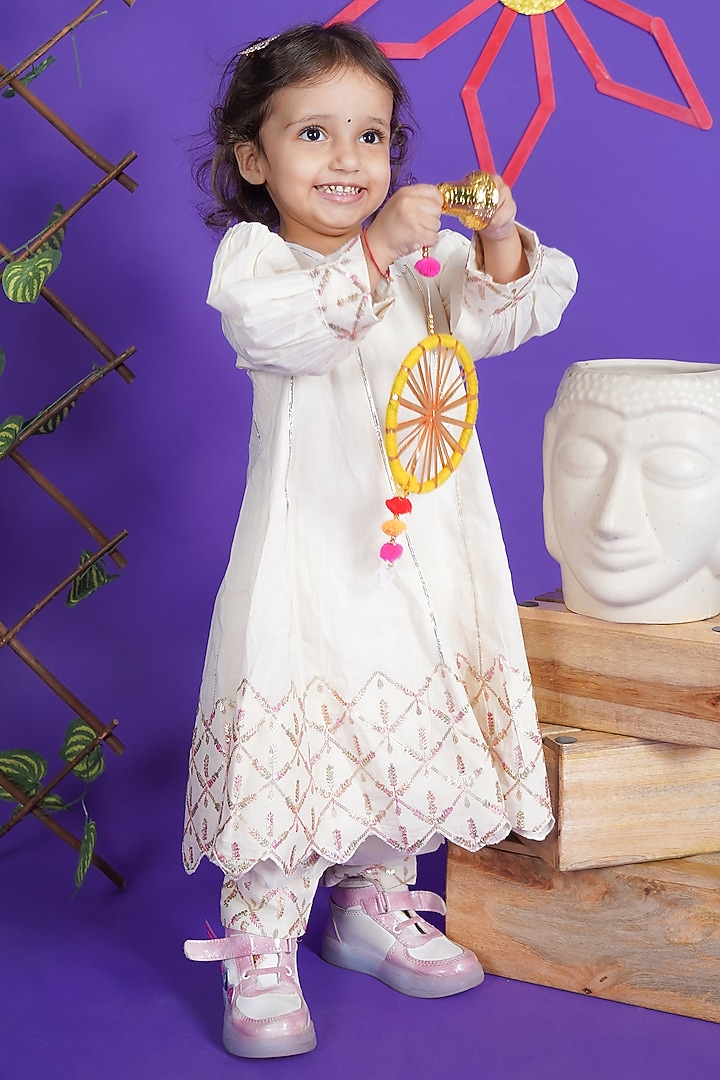 White Cotton Embroidered Anarkali Set For Girls by Fashion Totz at Pernia's Pop Up Shop