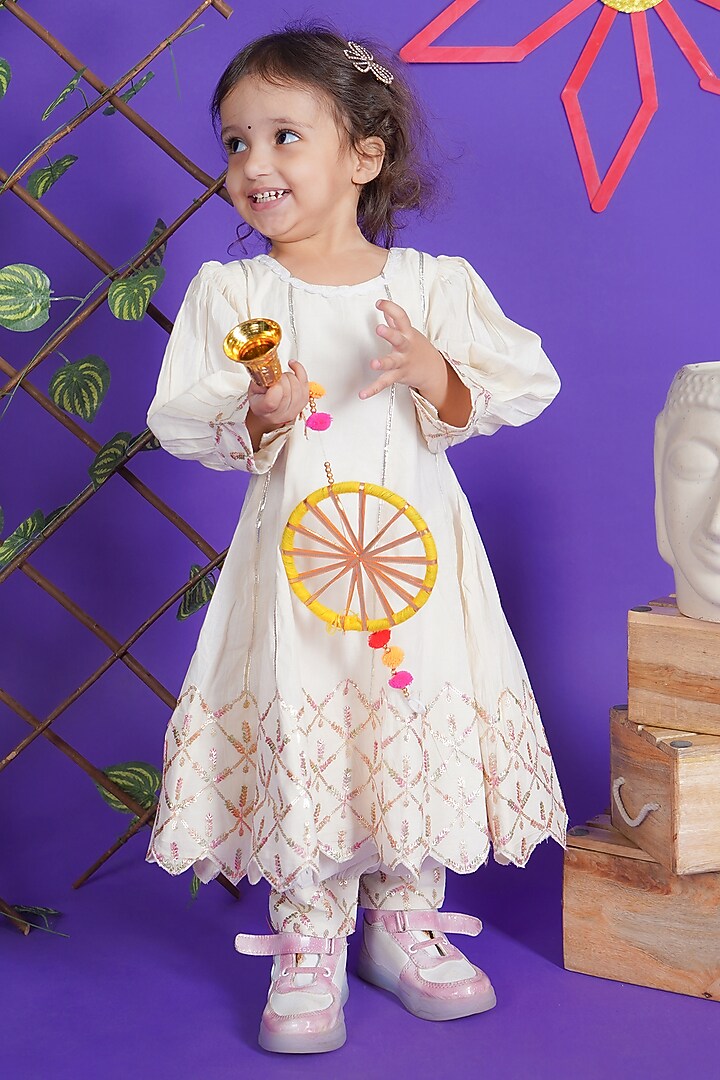 White Cotton Embroidered Anarkali Set For Girls by Fashion Totz at Pernia's Pop Up Shop