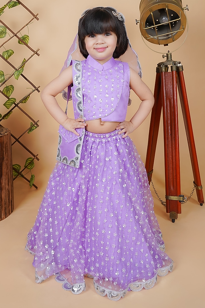 Purple Net Embroidered Lehenga Set For Girls by Fashion Totz at Pernia's Pop Up Shop