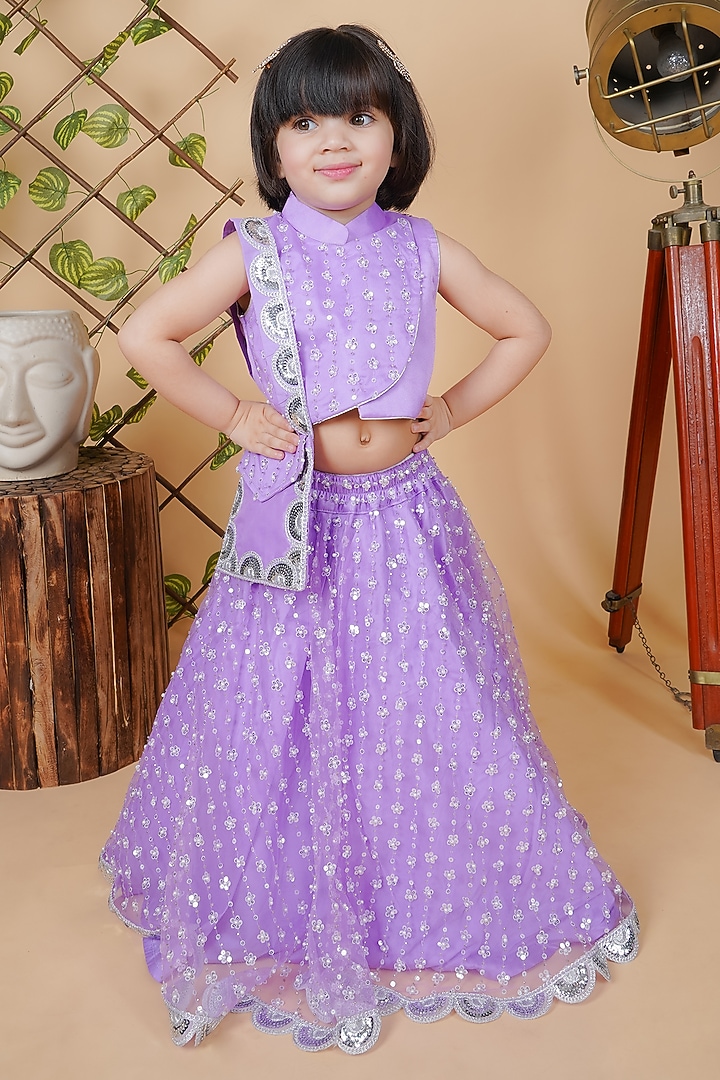 Purple Net Embroidered Lehenga Set For Girls by Fashion Totz at Pernia's Pop Up Shop