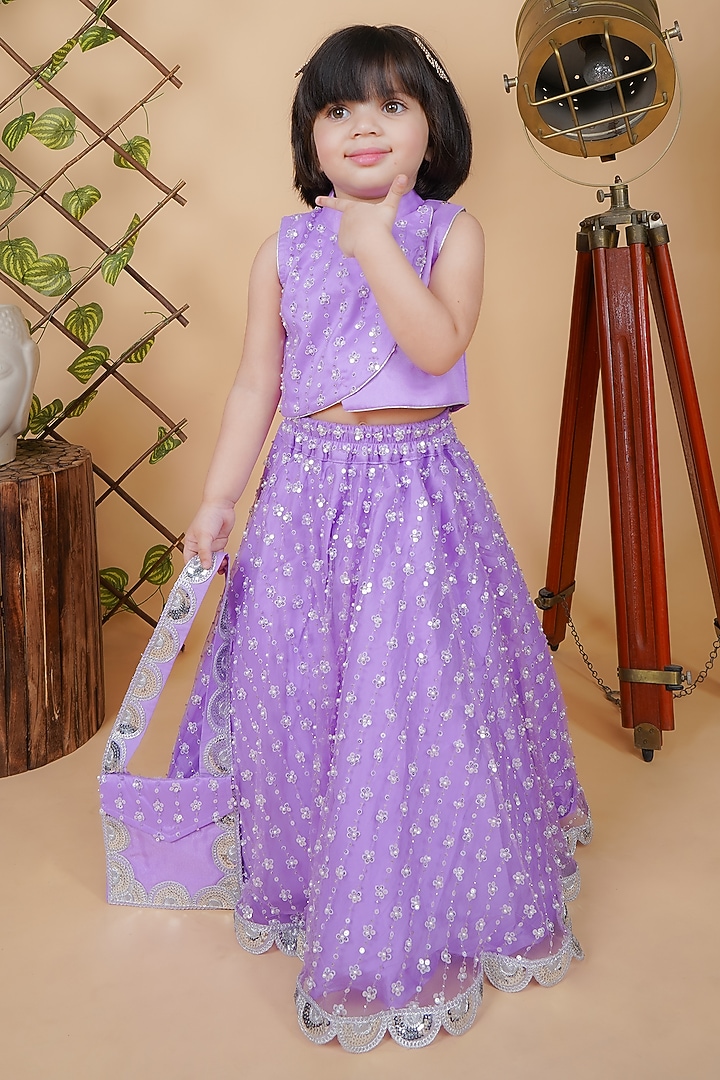 Purple Net Embroidered Lehenga Set For Girls by Fashion Totz at Pernia's Pop Up Shop