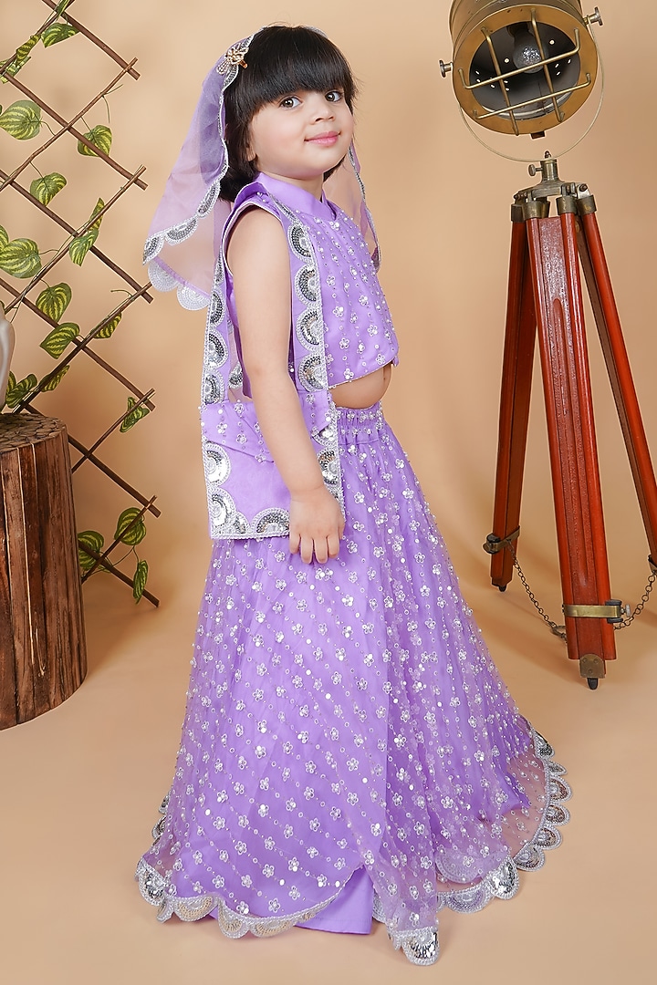 Purple Net Embroidered Lehenga Set For Girls by Fashion Totz at Pernia's Pop Up Shop