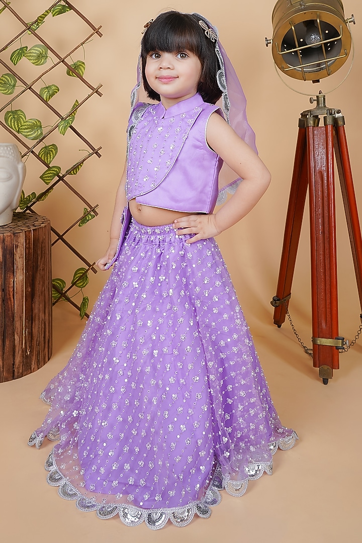 Purple Net Embroidered Lehenga Set For Girls by Fashion Totz at Pernia's Pop Up Shop