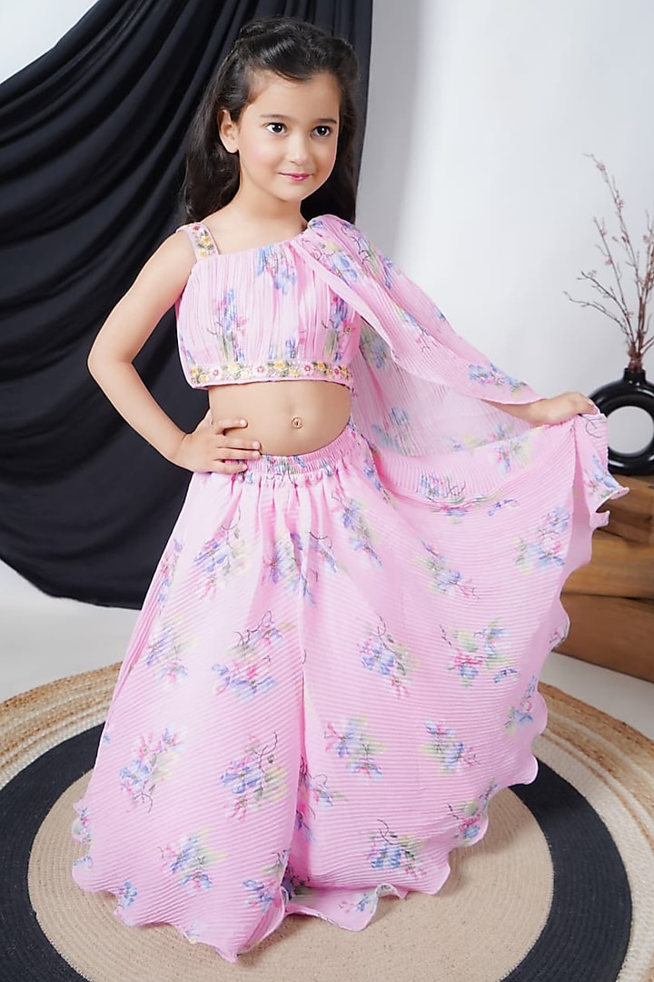 Pink Georgette Printed Lehenga Set For Girls by Fashion Totz at Pernia's Pop Up Shop