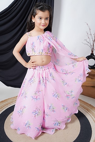 Pink Georgette Printed Lehenga Set For Girls by Fashion Totz