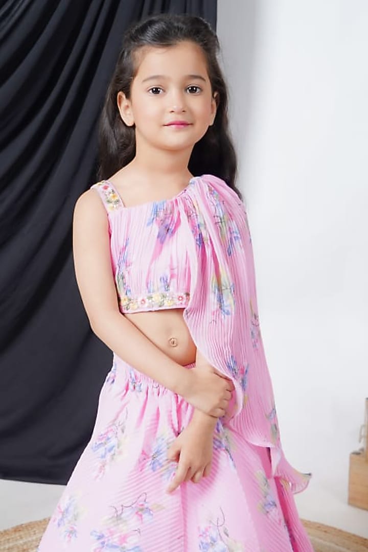 Pink Georgette Printed Lehenga Set For Girls by Fashion Totz at Pernia's Pop Up Shop