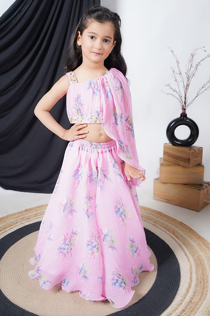 Pink Georgette Printed Lehenga Set For Girls by Fashion Totz at Pernia's Pop Up Shop