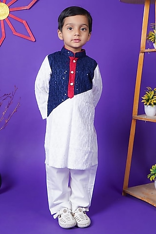 Blue & White Georgette Embroidered Kurta Set For Boys by Fashion Totz